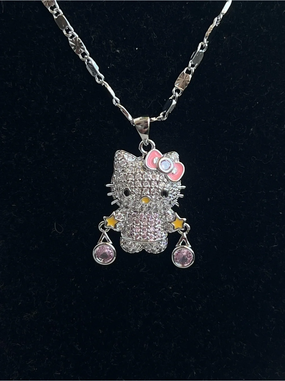 🩷- Silver pavé kitty  Cat Pendant Necklace with Pink dangle Accents